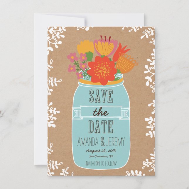Save The Date Mason Jar Flowers papier d'artisanat Enregistrer l (Devant)