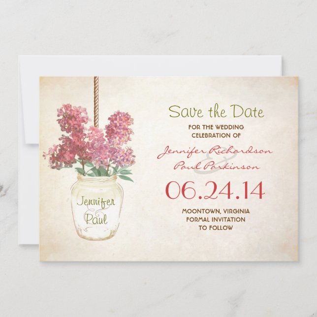Save The Date mason jar & lilacs enregistrer la date (Devant)
