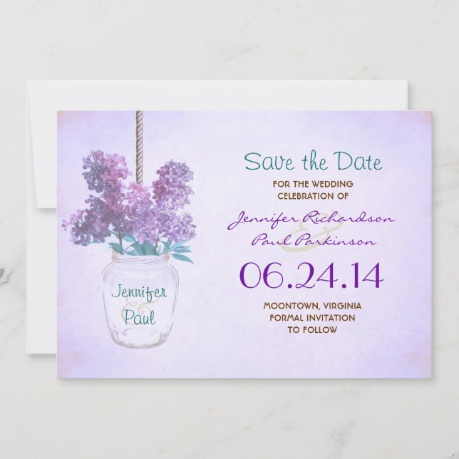 Save The Date mason jar & lilas violet enregistrer la date (Devant)
