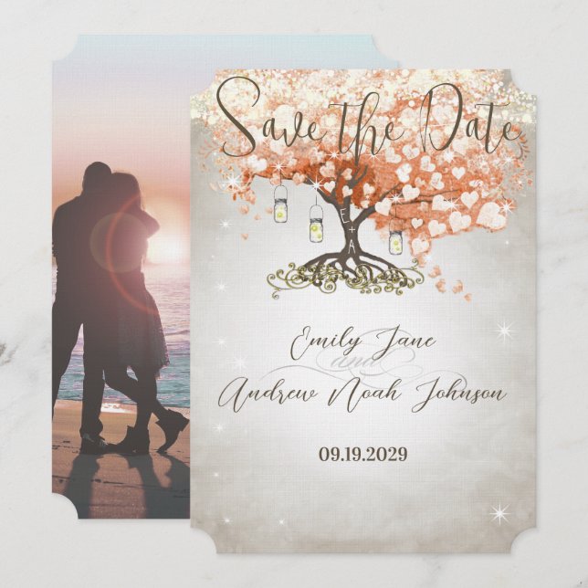 Save The Date Mason Jar Peachy Heart Leaf Tree Enregistrer la da (Devant / Derrière)