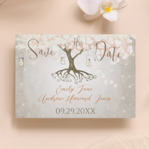 Save The Date Mason Jar Peachy Pink Heart Leaf Tree