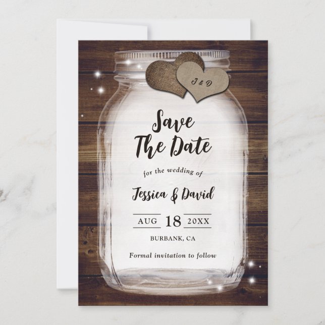 Save The Date Mason Jar Rustic Country Heart Barn Wood Mariage (Devant)