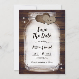Save The Date Mason Jar Rustic Country Heart Barn Wood Mariage