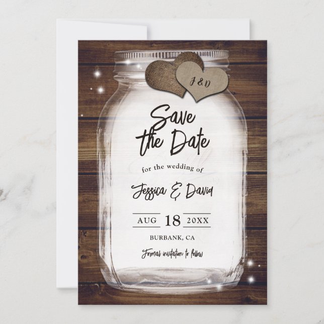 Save The Date Mason Jar Rustic Country Heart Barn Wood Mariage (Devant)