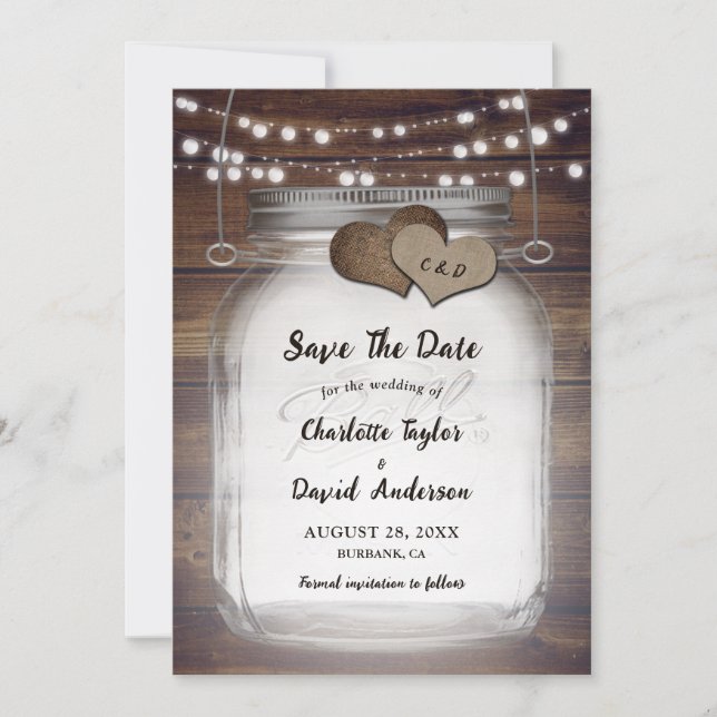 Save The Date Mason Jar Rustic Country Mariage en bois (Devant)