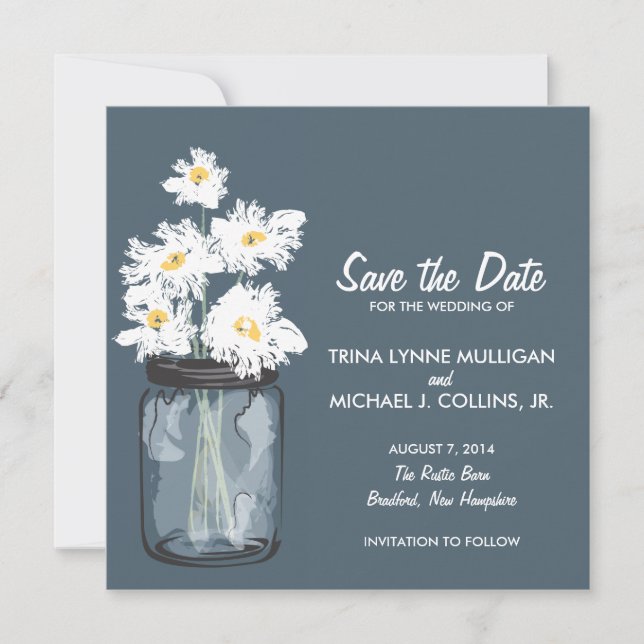 Save The Date Mason Jar & White Daisies Enregistrer la date (Devant)