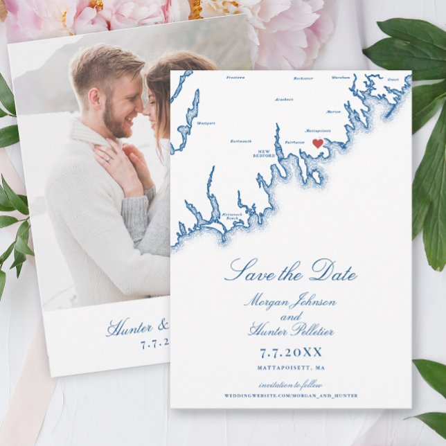 Save The Date Mattapoisett MA Map Elegant Navy Blue Wedding (Mattapoisett MA Wedding Save the Date with Photo in Elegant Navy Blue from Coastal Map Designs)
