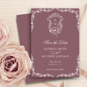 Save The Date Mauve Monogram Floral Vintage Crest Mariage