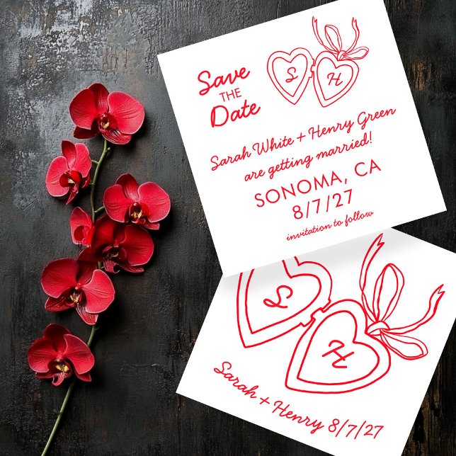 Save The Date Médaillon à coeur fantaisie dessin moderne DOODLE  (Whimsical Heart Locket Doodle Sketch Modern CUSTOM Wedding Save The Date
)