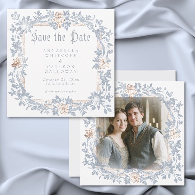 Save The Date Medieval Fantasy Frame Blue Gold Etching Photo (Medieval Fantasy Frame Blue Gold Etching Photo Save The Date)