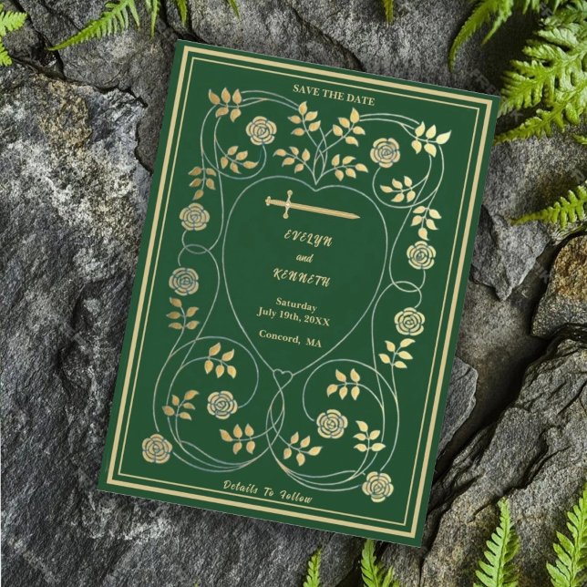 Save The Date Médiéval Gold Floral Coeurs et Mariage d'épée (Créateur téléchargé)