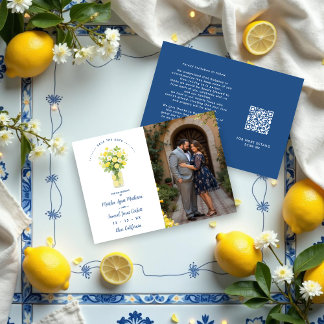 Save The Date Mediterranean Chic Blue Floral Arrangement Lemons