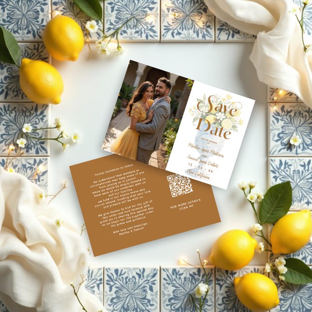 Save The Date Mediterranean Chic Floral Classic Chalice Lemons (Mediterranean Cheerful Floral Classic Chalice Lemons & Flowers Wedding Save the Date Cards.)