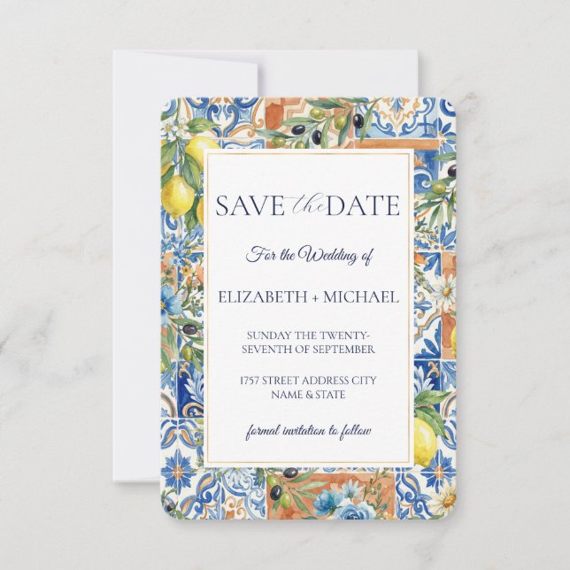 Save The Date Mediterranean Lemon Tile Blue Floral Citrus (Devant)