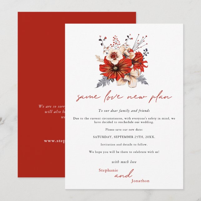 Save The Date Même Amour Nouveau Plan Florals Crème Rouge Date (Devant / Derrière)