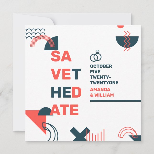 Save The Date Memphis Style Abstrait Mariage rouge et bleu (Devant)