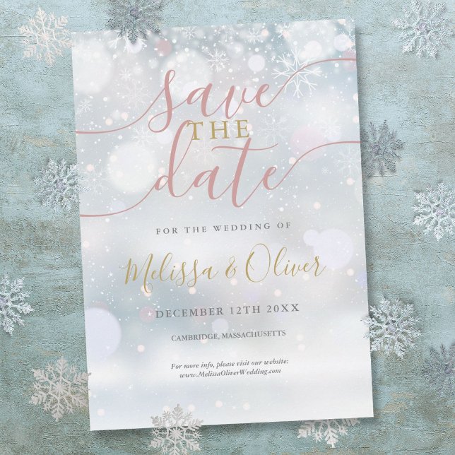 Save The Date Merveilleux Hiver Rose Et Or (Winter Wonderland Pink And Gold Save The Date)