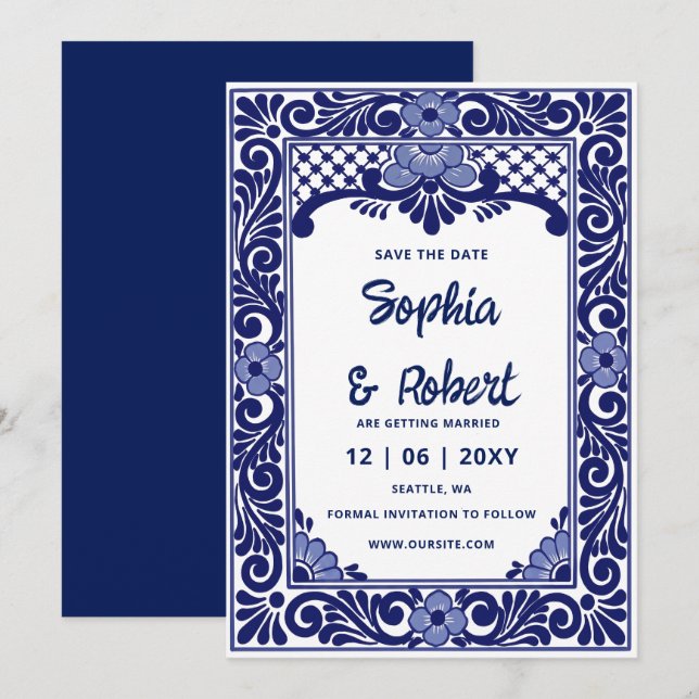 Save The Date Mexican Fiesta Bleu Marine Talavera  (Devant / Derrière)