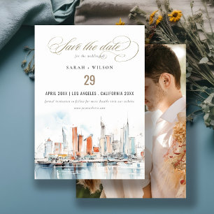 Save The Date Miami Florida Skyline Watercolor Mariage photo