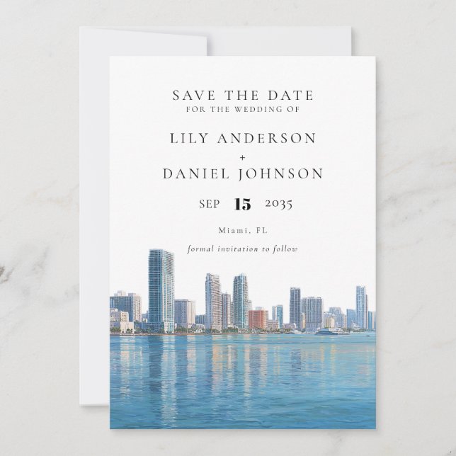 Save The Date Miami Skyline Watercolor Destination Wedding (Devant)