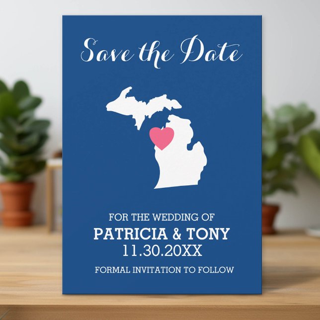 Save The Date Michigan State Map with Custom Love Heart and Name (Custom Save the Date Invitation with Download Option)