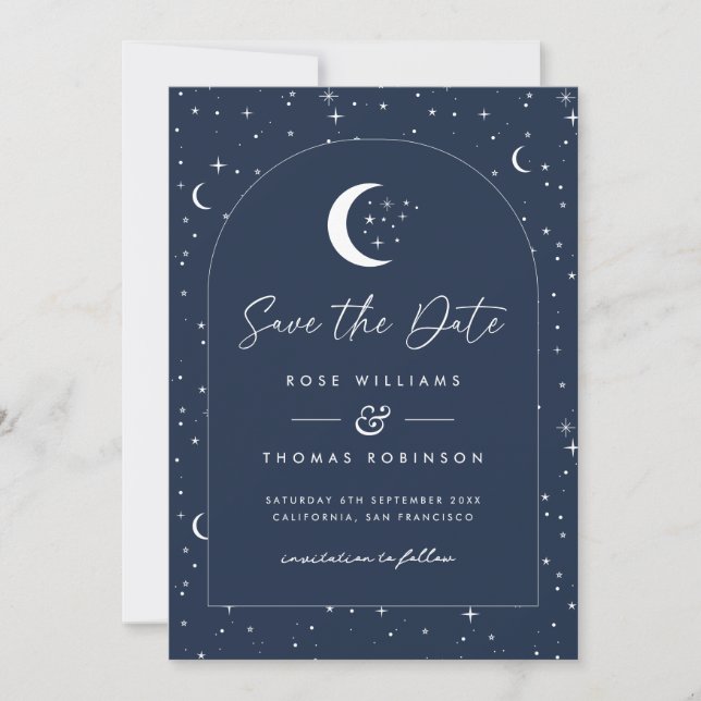 Save The Date Midnight Blue Celestial Arched Enregistrer La Date (Devant)
