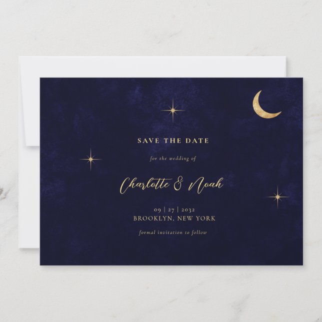 Save The Date Midnight Blue Celestial Gold Moon Stars Mariage (Devant)
