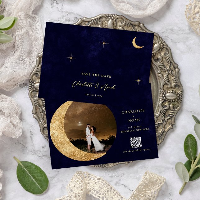 Save The Date Midnight Gold Moon Stars Photo QR Code Mariage (Créateur téléchargé)