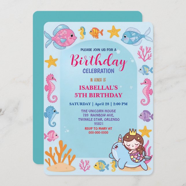 Save The Date mignon arc-en-ciel mermaid narval poisson licorne  (Devant / Derrière)