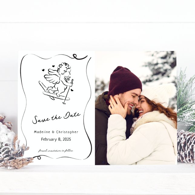 Save The Date Mignonne Mains Whimsical Tirée Cupide Ski Mariage  (Créateur téléchargé)