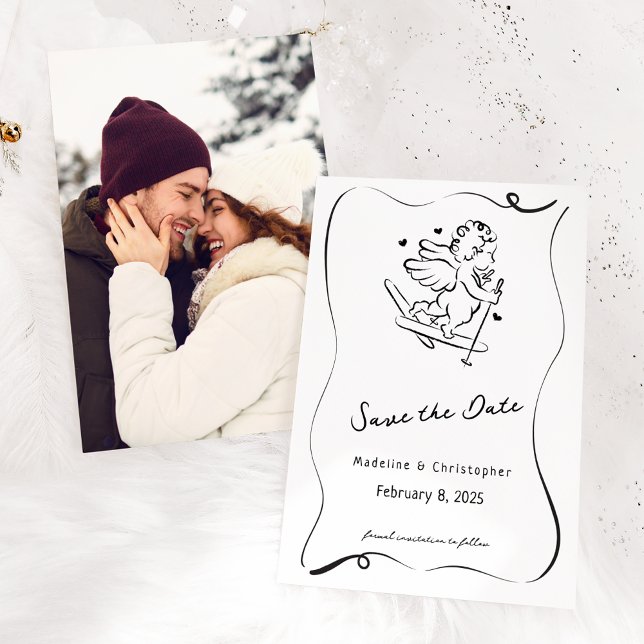 Save The Date Mignonne Mains Whimsical Tirée Cupide Ski Mariage  (Créateur téléchargé)
