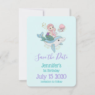 Save The Date Mignonne Sirène à cheval sur un dauphin Anniversai