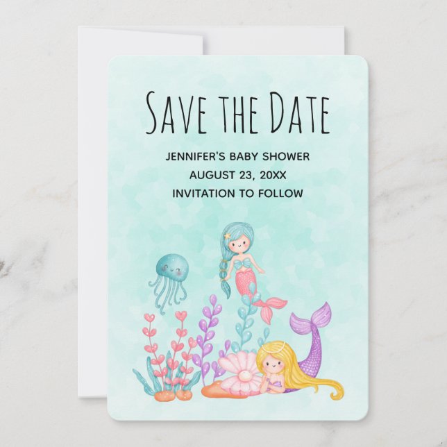 Save The Date Mignonne sirène sous l'aquarelle de la mer (Devant)