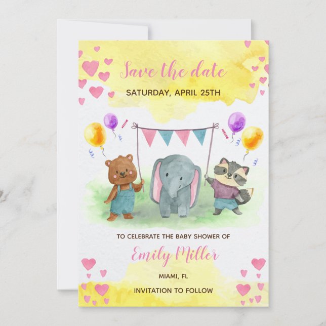 Save The Date Mignons animaux baby shower jaune rose enregistrer (Devant)
