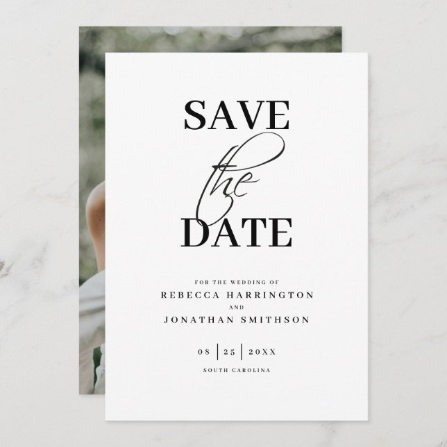 Save The Date Miniature Élégante Photo Mariage noir blanc (Devant / Derrière)