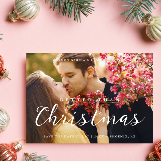 Save The Date Minimal Christmas Wedding Photo Cute Script (Minimal Christmas Wedding Photo Cute Script Calligraphy Save the date Card with Envelope.)
