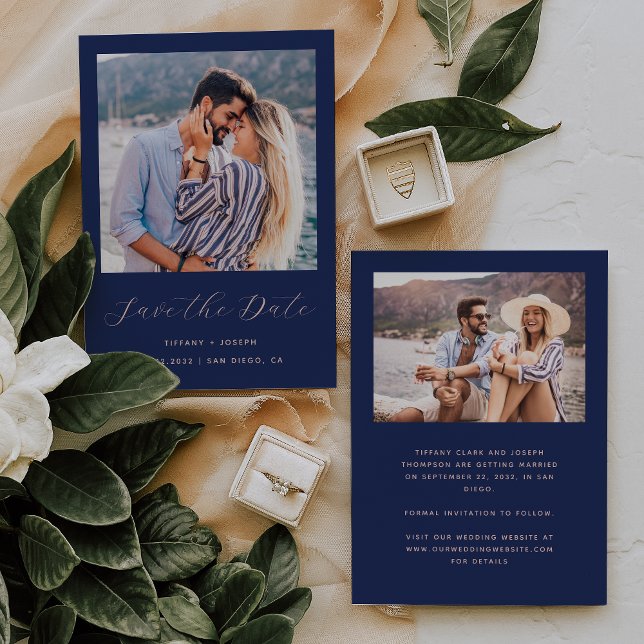 Save The Date Minimal Deux Photos Bleu Nuit Blush Script (Créateur téléchargé)