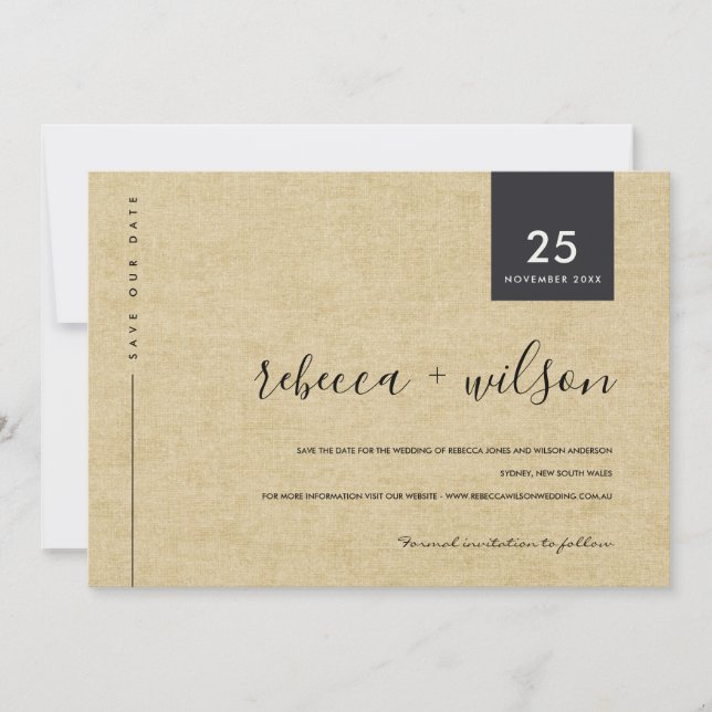SAVE THE DATE MINIMAL SCANDI RUSTIQUE OCHER LINEN TYPOGRAPHIE DE (Devant)