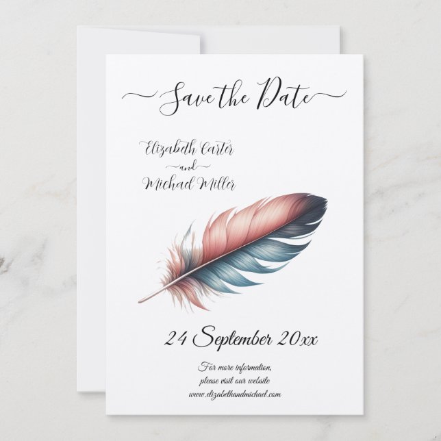 Save The Date Minimalisme Rose Pâle Plume Élégant Mariage (Devant)