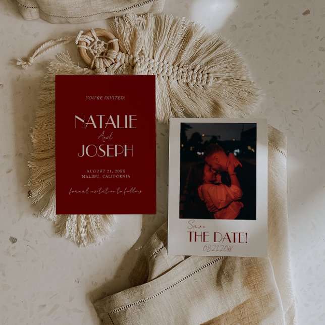 Save The Date Minimalist Burgundy Whimsical Retro Photo Wedding (Créateur téléchargé)