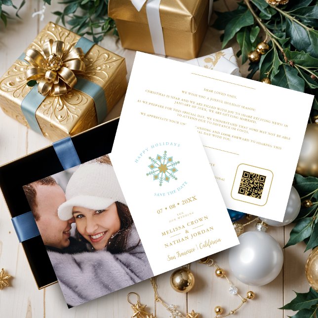 Save The Date Minimalist Stylish Gold & Blue Snowflake Photo (Minimalist Stylish Faux Gold & Blue Snowflake Photo Wedding Save the Date with QR Code. )