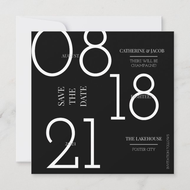 Save The Date Minimaliste Mariage Noir Argent Blanc  (Devant)