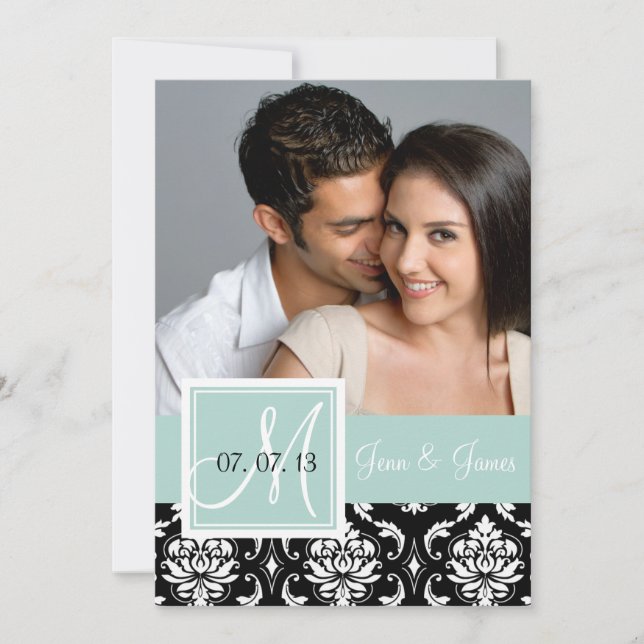 Save The Date Mint Green Black Damask Photo Enregistrer la date (Devant)