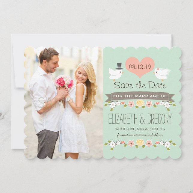 Save The Date Mint Green Inséparables mariage Enregistrer la car (Devant)