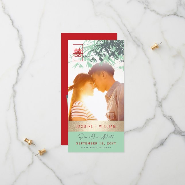 Save The Date Mint Green Zen Bamboo Leaves Photo Chinese Wedding (Devant/Arrière en situation)