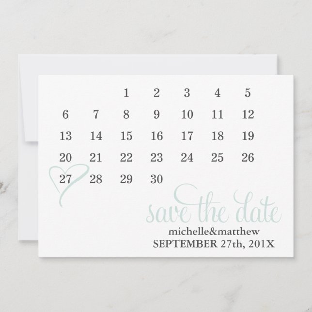 Save The Date Mint Heart Calendar Wedding Enregistrer la date (Devant)