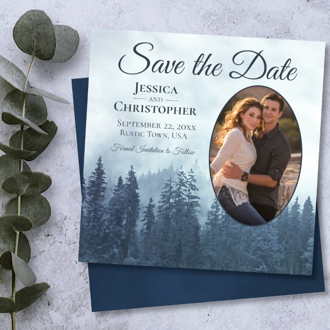 Save The Date Misty Blue Mountains Rustic Oval Photo Mariage (Créateur téléchargé)