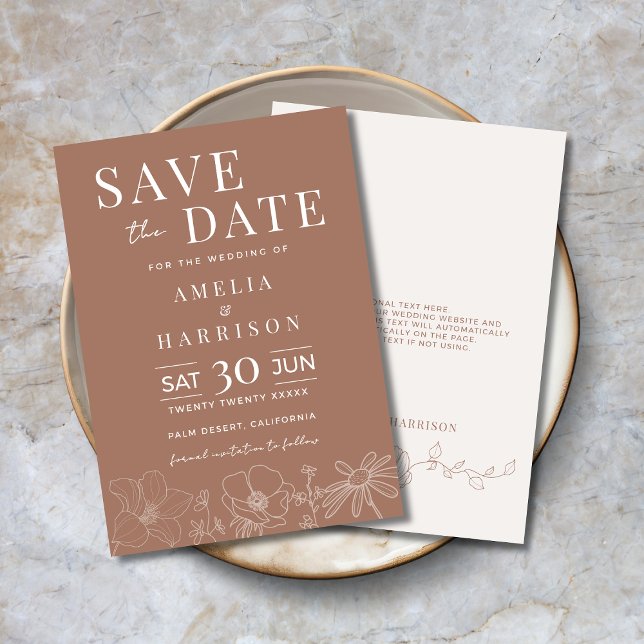 Save The Date Mocha Brown Élégant Mariage floral (Save the Date in Mocha Mousse with Delicate Floral Line Art )