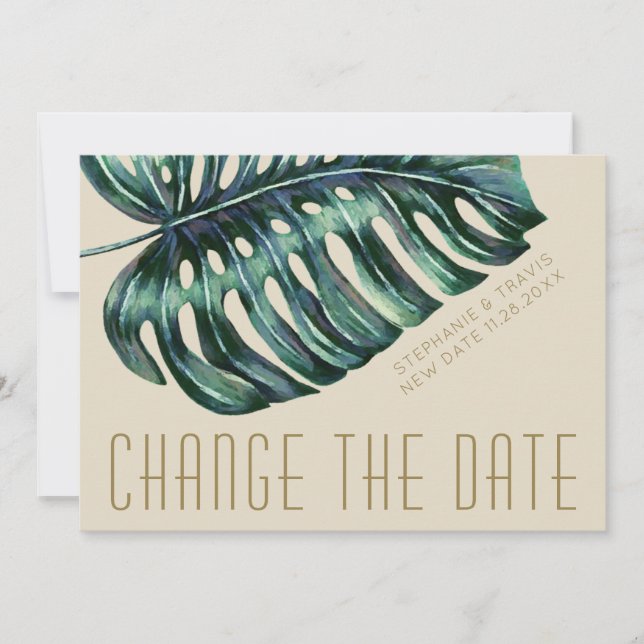 Save The Date Mod Monstera Feuille verte et Tan Nouveau Changé (Devant)