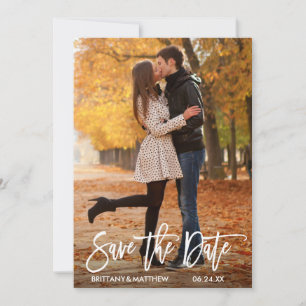 Save The Date Modern Brush Script Couple Photo